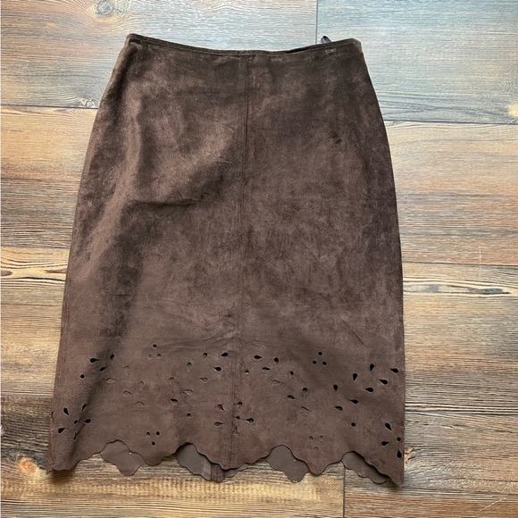 Brown Genuine Suede Leather Knee Length Lined Cutouts Skirt laser Size Medium - Picture 3 of 10
